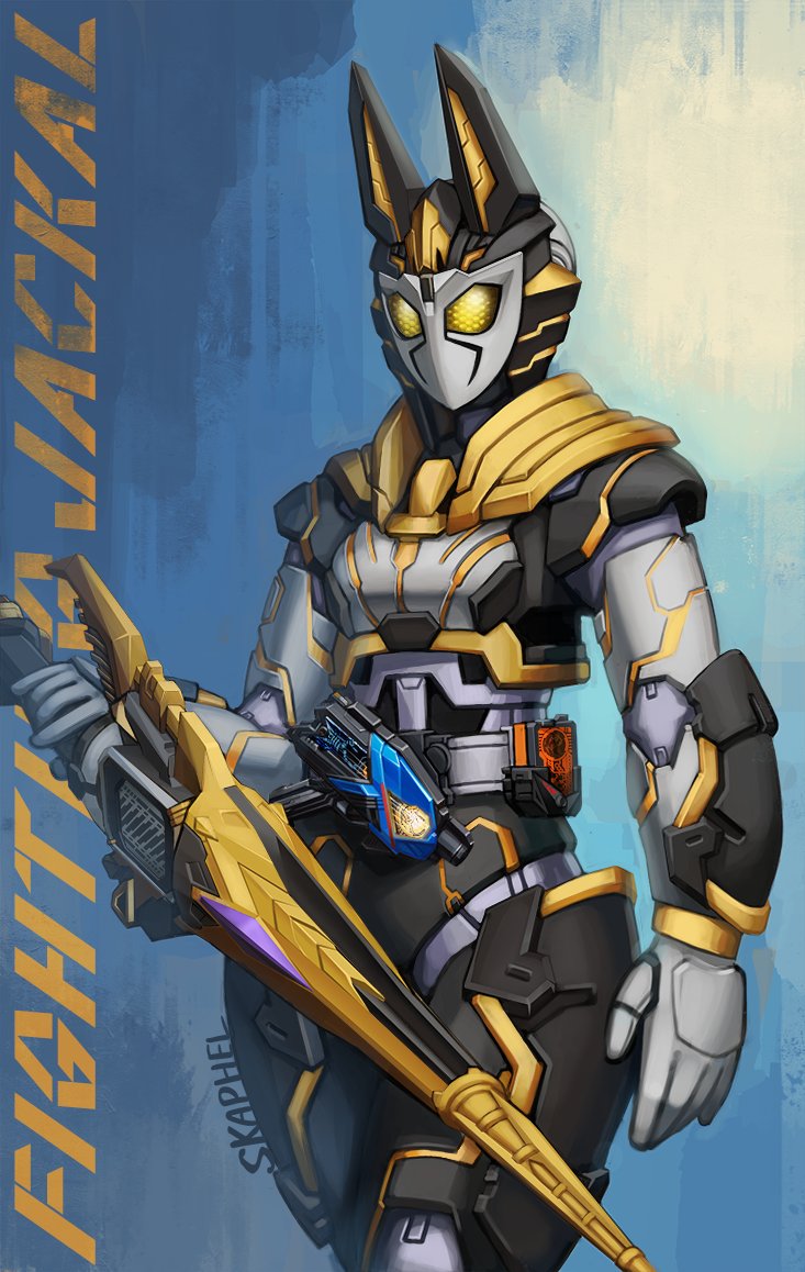 1girl adapted_costume ancient_egyptian armor compound_eyes fighting_jackal holding holding_weapon kamen_rider kamen_rider_01_(series) kamen_rider_valkyrie photoshop_(medium) progrise_key rider_belt rushing_cheetah shot_riser skaphel solo thousand_jacker tokusatsu weapon yellow_eyes