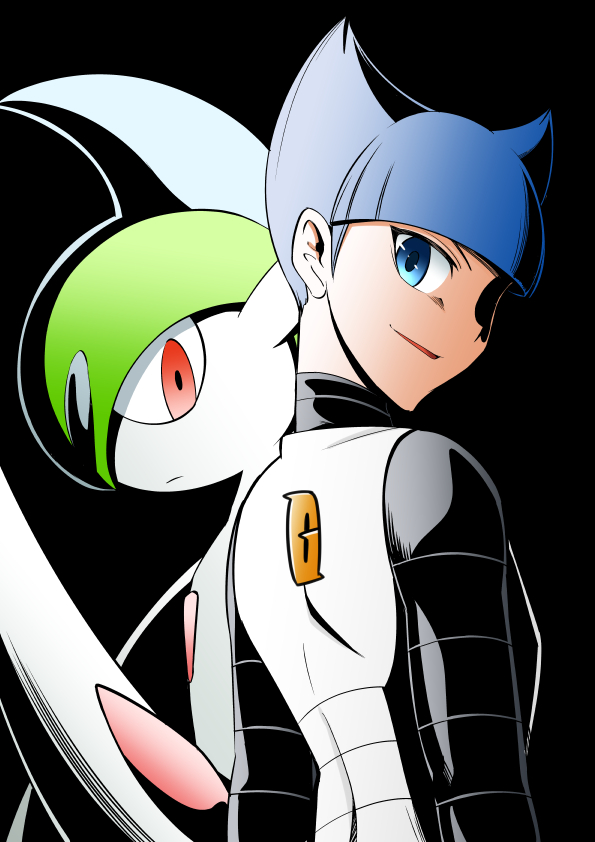 1boy black_background blue_eyes blue_hair blunt_bangs creatures_(company) gallade game_freak gen_4_pokemon ihara_shigekatsu looking_at_viewer male_focus mega_gallade mega_pokemon nintendo partially_shaded_face pokemon pokemon_(creature) pokemon_dppt saturn_(pokemon) team_galactic