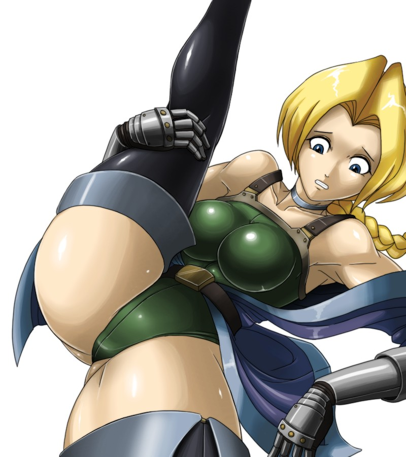 1girl armor ass bare_shoulders black_thighhighs blonde_hair blue_coat blue_eyes braid braided_ponytail breasts brown_straps cameltoe castlevania_(series) castlevania_legends choker cleavage clenched_teeth coat covered_erect_nipples covered_navel covered_pussy deadmoon_(artist) eyebrows eyelashes frown gauntlet gauntlets green_leotard grey_choker grey_trim huge_ass konami large_breasts legs leotard long_eyelashes long_hair metal nervous o-ring ponytail shiny_butt shiny_clothes shiny_pussy shiny_skin sonia_belmont straps teeth thick_eyelashes thick_thighs thighhighs thighs thin_eyebrows very_long_hair white_background wide_hips