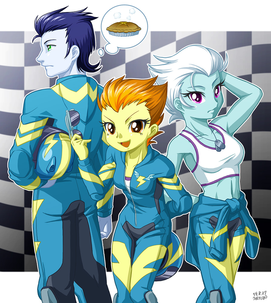 1boy 2girls bodysuit dog_tags fleetfoot food glasses helmet multiple_girls my_little_pony my_little_pony:_equestria_girls my_little_pony:_friendship_is_magic personification pie soarin spitfire_(my_little_pony) sports_bra sunglasses uotapo