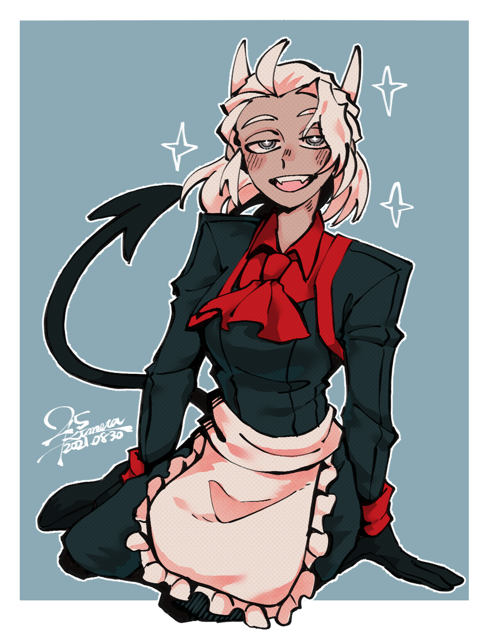 1girl 25_kimera alternate_costume apron closed_mouth demon_girl demon_horns demon_tail enmaided gradient_background grey_background grey_eyes helltaker highres horns justice_(helltaker) long_hair looking_at_viewer maid maid_apron smile solo tail
