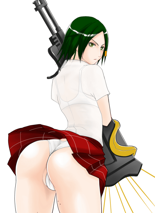 1girl alicia_(bullet_witch) aq_interactive ass bad_id bad_pixiv_id bra bullet_witch cameltoe cavia female_focus green_eyes green_hair gun lingerie matching_hair/eyes panties pantyshot school_uniform see-through_clothes short_hair skirt solo takada_shinbashi underwear upskirt weapon white_panties