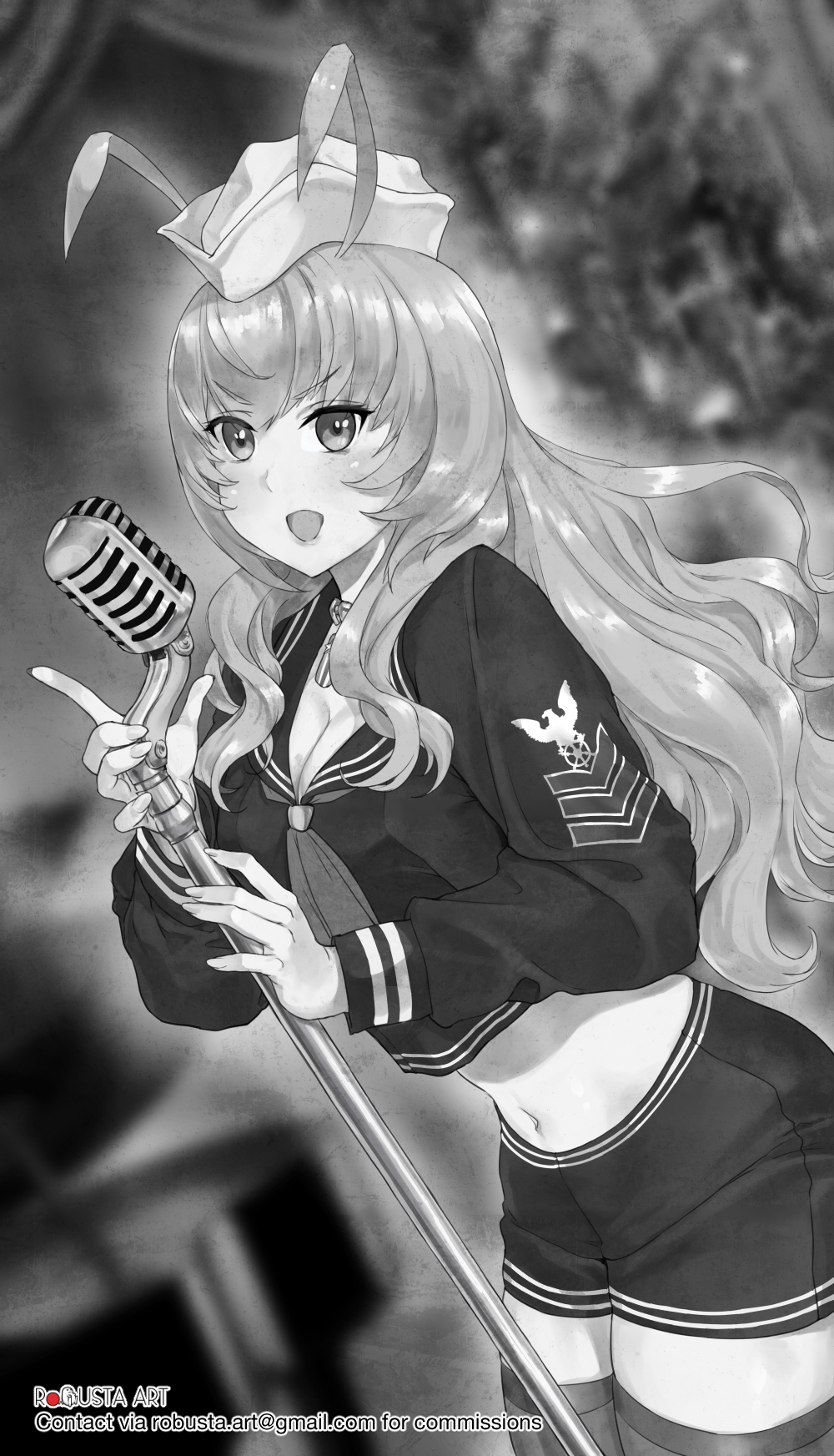 1girl alternate_costume antennae artist_name azur_lane blurry blurry_background blush breasts cleavage commentary_request commission cowboy_shot crop_top cropped_shirt fingernails greyscale hat highres holding holding_microphone_stand large_breasts long_hair long_sleeves looking_at_viewer microphone microphone_stand midriff monochrome navel neckerchief open_mouth robusta_mania sailor_hat school_uniform serafuku short_shorts shorts sidelocks smile solo thighhighs v-shaped_eyebrows wasp_(azur_lane) wavy_hair