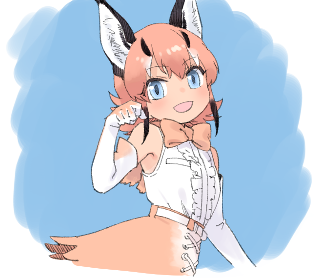 1girl :d animal_ear_fluff animal_ears armpits bare_shoulders belt blue_background blue_eyes blush border bow bowtie breast_pocket breasts caracal_(kemono_friends) center_frills commentary_request elbow_gloves eyes_visible_through_hair flipped_hair frills from_side gloves hand_up kemono_friends looking_at_viewer multicolored_hair open_mouth orange_bow orange_bowtie orange_gloves orange_skirt paw_pose pine_(pine-box) pocket shirt shirt_tucked_in sidelocks simple_background skirt sleeveless smile solo streaked_hair traditional_bowtie two-tone_gloves upper_body white_belt white_border white_gloves white_shirt