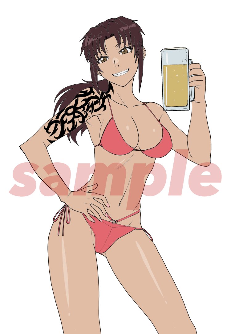 1girl beer_mug bikini black_lagoon breasts brown_eyes brown_hair commentary cup gloves gluteal_fold grin hand_on_own_hip head_tilt hiroe_rei holding holding_cup long_hair looking_at_viewer medium_breasts mug navel official_art pink_bikini ponytail revy_(black_lagoon) sample_watermark shiny_skin shoulder_tattoo smile solo swimsuit tattoo watermark