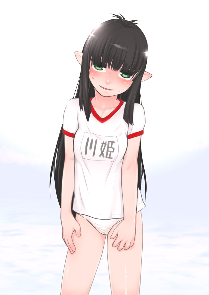 1girl black_hair blush cameltoe collarbone cowboy_shot female_focus gym_uniform head_tilt j7w long_hair original panties pointy_ears shirt short_sleeves simple_background solo standing sweat underwear white_background white_panties white_shirt white_sleeves