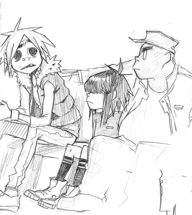 1girl 2boys 2d_(gorillaz) a-ka ahoge bald boots denim empty_eyes fur_collar gorillaz greyscale jeans kneehighs missing_tooth monochrome multiple_boys noodle_(gorillaz) pants russel_hobbs simple_background sitting sketch sleeveless socks stuart_pot upturned_nose white_background