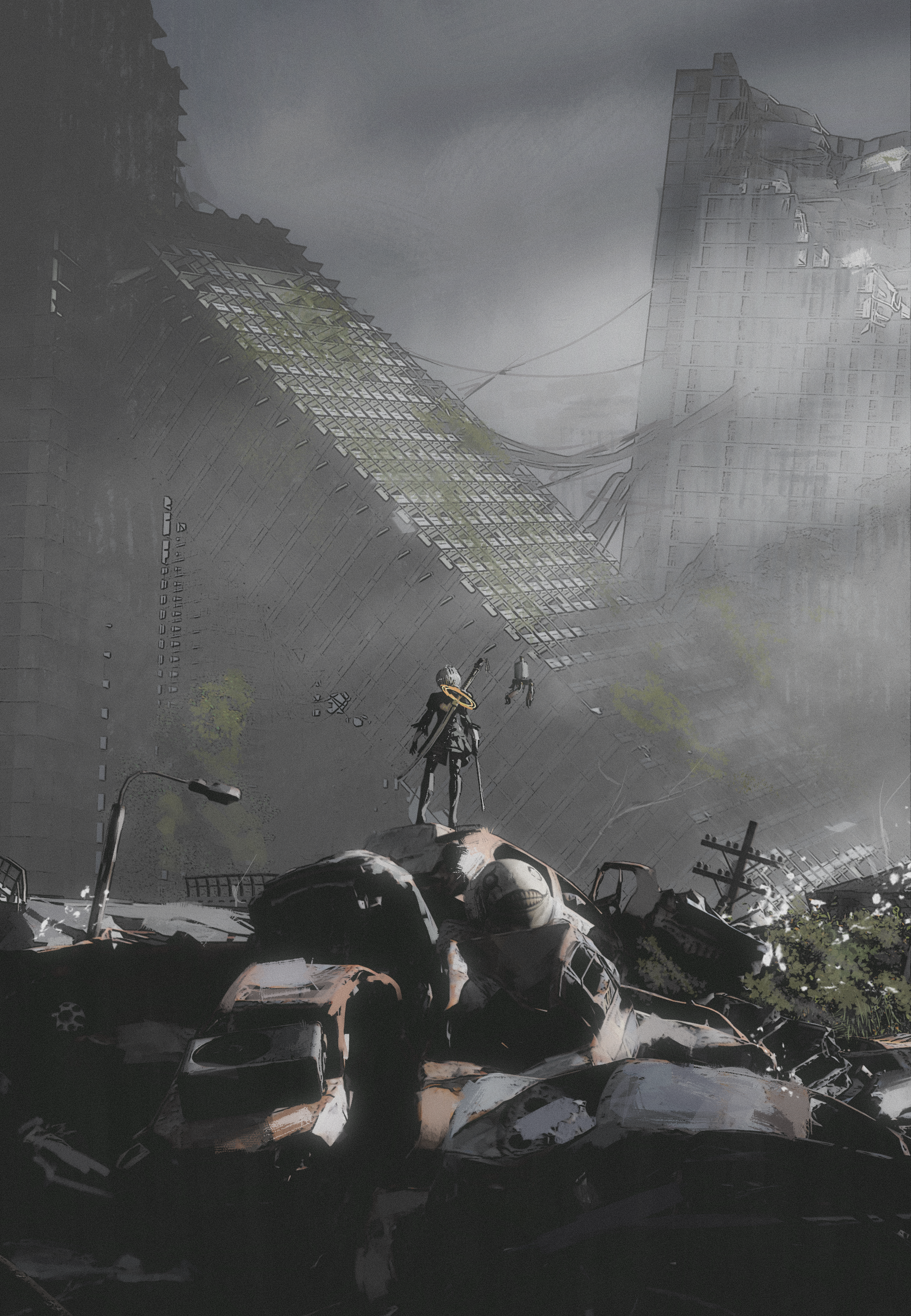 1girl 2b_(nier:automata) absurdres black_dress building car commentary dress emil_(nier) highres holding holding_sword holding_weapon katana motor_vehicle nier:automata nier_(series) pod_(nier:automata) ruins shiej007 solo standing sword weapon white_hair wide_shot