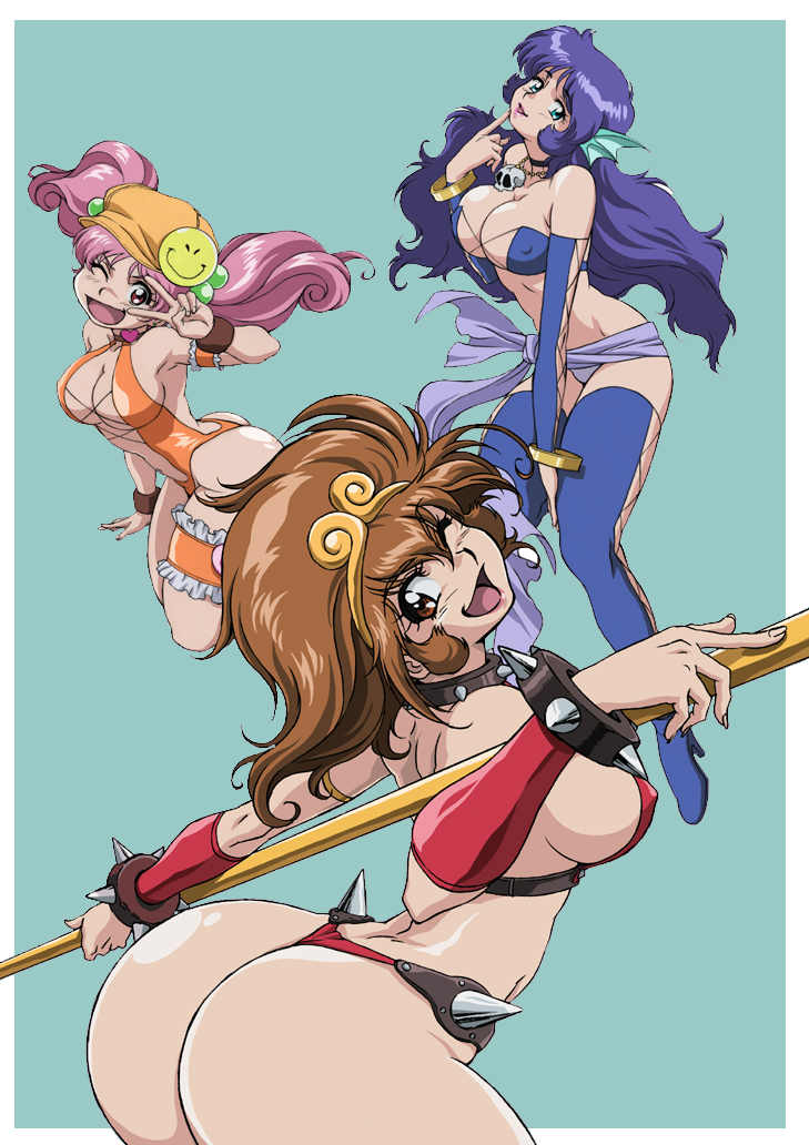 00s 3girls arched_back arisugawa_mayuko ass blue_eyes blue_hair blue_legwear bracelet breasts brown_eyes brown_hair cleavage covered_erect_nipples curvy female_focus fins hanao_usagi happy highleg highleg_leotard holding holding_weapon huge_ass iyashite_agerun_saiyuki jewelry large_breasts leather leotard long_hair moriyama_izumi multiple_girls necklace one_eye_closed panties pink_hair red_eyes shiny_skin skull smile sun_wukong team thighhighs thong twintails uchida_yorihisa underwear v weapon wink