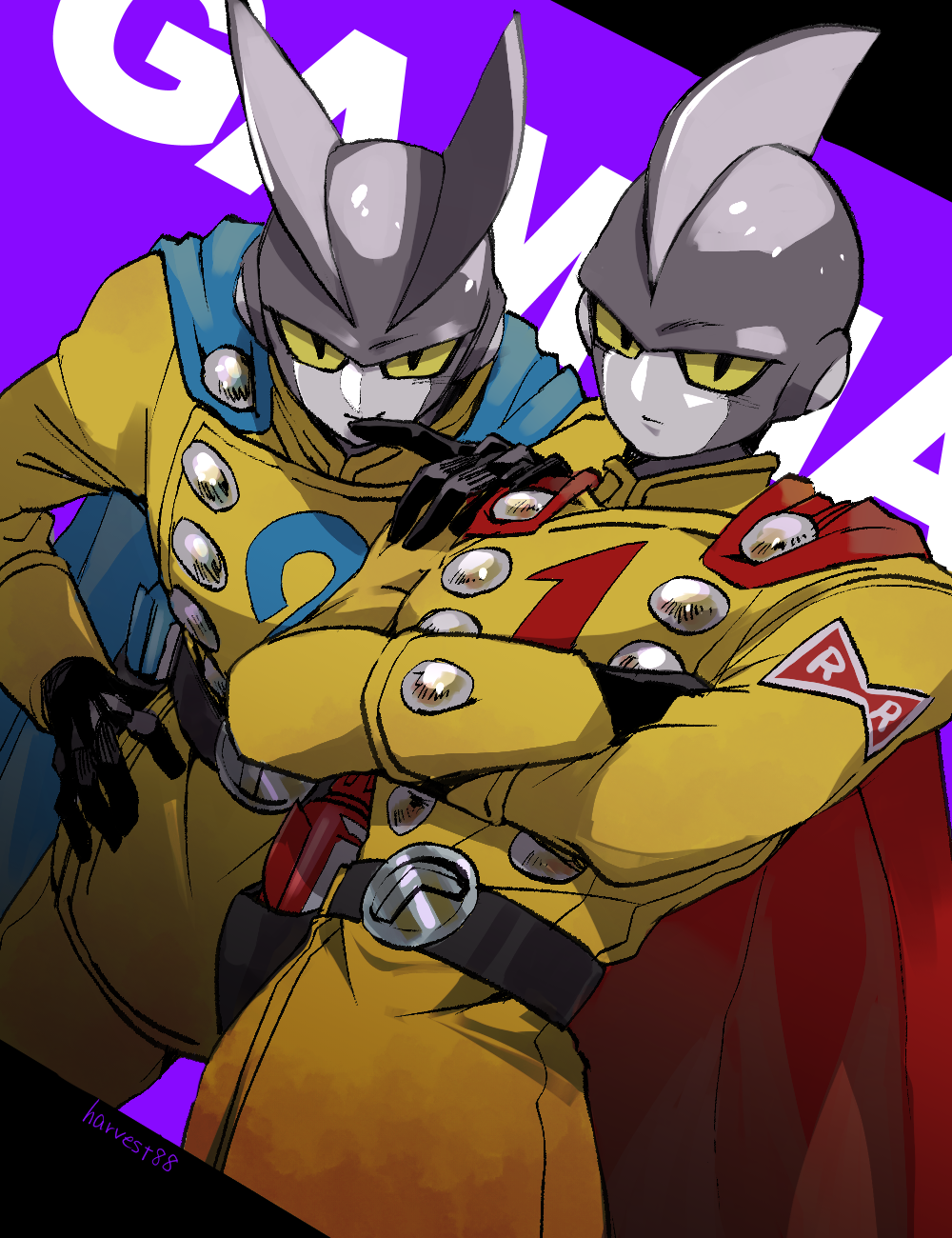 2boys artist_name belt black_belt black_gloves blue_cape buttons cape closed_mouth colored_sclera colored_skin commentary_request crossed_arms double-breasted dragon_ball dragon_ball_super dragon_ball_super_super_hero energy_gun gamma_1 gamma_2 gloves grey_skin hand_on_another&#039;s_shoulder hand_on_own_hip hand_up harvest88 highres holster jacket leaning_forward long_sleeves looking_at_viewer male_focus multiple_boys purple_background ray_gun red_cape red_ribbon_army serious simple_background sleeve_cuffs smile standing v-shaped_eyebrows weapon yellow_jacket yellow_sclera