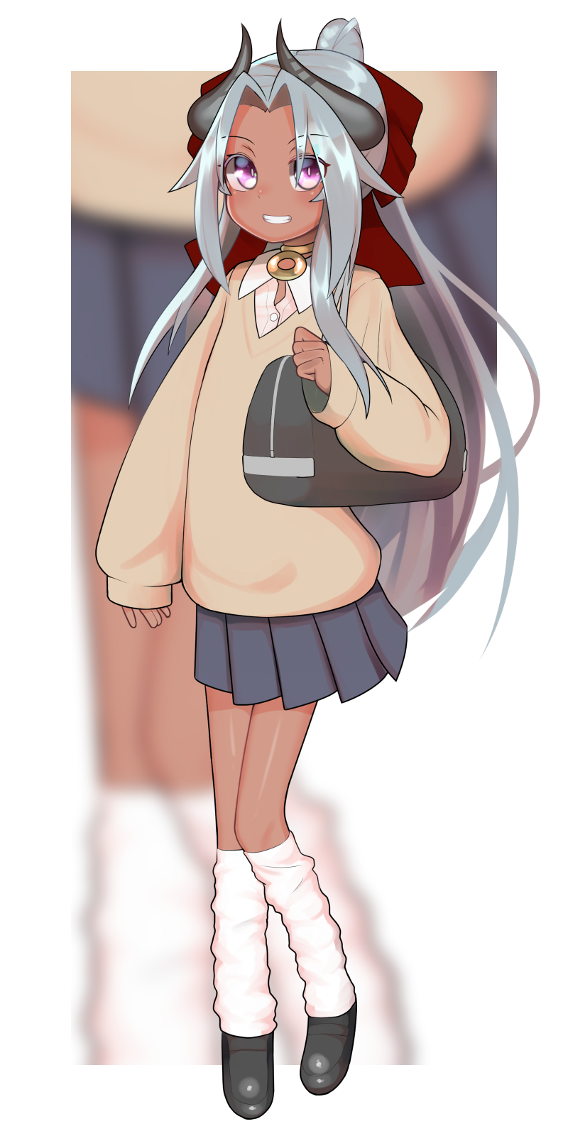 1girl bag black_bag black_horns black_shoes blue_skirt border brown_sweater commentary_request curtained_hair dark-skinned_female dark_skin duffel_bag full_body gloggy grey_hair high_ponytail highres horns jewelry kikyou_(gloggy) long_hair long_sleeves looking_at_viewer loose_socks neck_ring original outside_border ponytail purple_eyes shirt shoes skirt sleeves_past_wrists slim_legs smile socks solo sweater very_long_hair white_border white_shirt white_socks wing_collar