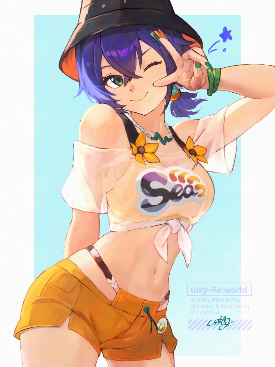 1girl belle_(summer_skies)_(zenless_zone_zero) belle_(zenless_zone_zero) bikini bikini_top_under_shirt bikini_under_clothes bikini_under_shorts blue_hair bowl bowl_hat bracelet breasts bucket_hat closed_mouth commentary_request green_eyes green_nails hair_between_eyes hair_ornament hat highres jewelry letter_hair_ornament looking_at_viewer navel off-shoulder_shirt off_shoulder official_alternate_costume one_eye_closed orange_bikini orange_shorts see-through_clothes see-through_shirt shirt short_hair short_shorts short_sleeves short_twintails shorts smile solo standing stomach swimsuit tied_shirt twintails uixy v white_shirt zenless_zone_zero