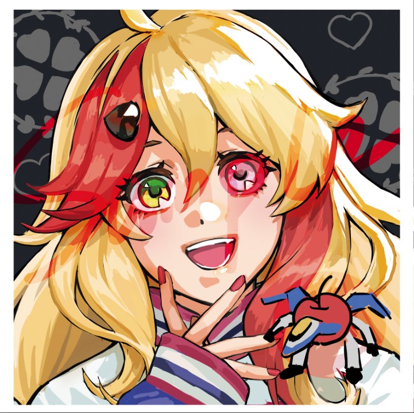 1girl blonde_hair bright_pupils cherry chibi chibi_inset colored_sclera commentary commission english_commentary food foodification fruit gerwalk green_eyes hair_between_eyes hair_ornament heart heart_hair_ornament heterochromia jacket long_hair long_sleeves macross macross_delta macross_delta:_zettai_live!!!!!! nail_polish nekkikamille portrait purple_eyes red_hair red_nails red_sclera sample_watermark sleeves_past_wrists solo_focus vf-31j watermark white_jacket white_pupils yami_freyja