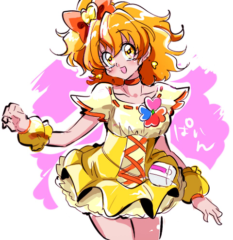 00s 1girl biho_(tsuinku) character_name choker cure_pine earrings female_focus fresh_precure! hair_ornament heart heart_hair_ornament jewelry lowres magical_girl orange_hair precure short_hair side_ponytail skirt smile solo wrist_cuffs yamabuki_inori yellow_eyes yellow_skirt