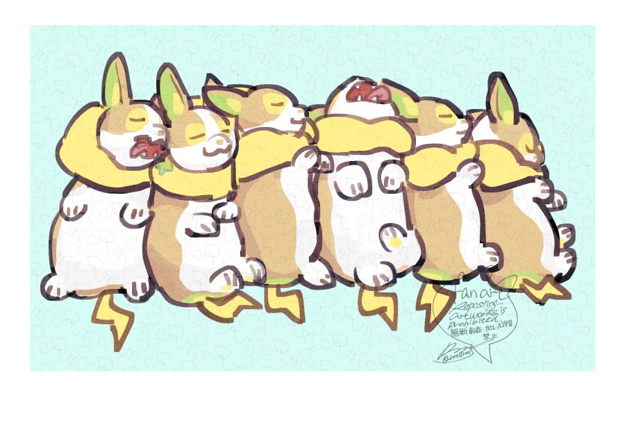 animal_focus border closed_eyes commentary_request dog fangs from_above gen_8_pokemon green_background lying nintendo no_humans open_mouth pokemon pokemon_(creature) sagemaru-br signature sleeping tongue tongue_out white_border yamper