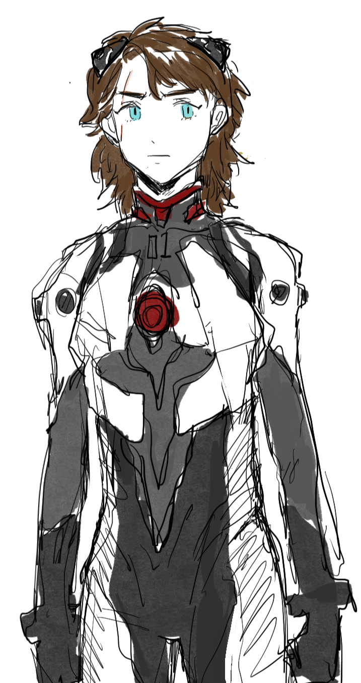 anakin_skywalker brown_hair cosplay highres ikari_shinji_(cosplay) mecha_pilot_suit neon_genesis_evangelion plugsuit_(cosplay) plugsuit_(evangelion) scar scar_across_eye scar_on_face star_wars tagme