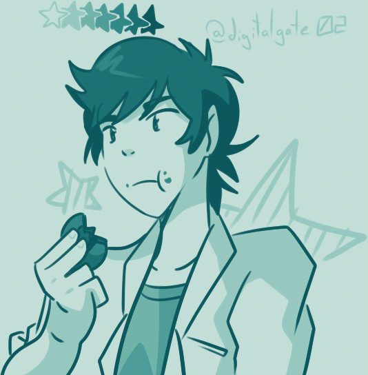 1boy coat digimon digimon_adventure_tri. eating male_focus nishijima_daigo short_hair solo star_(symbol)