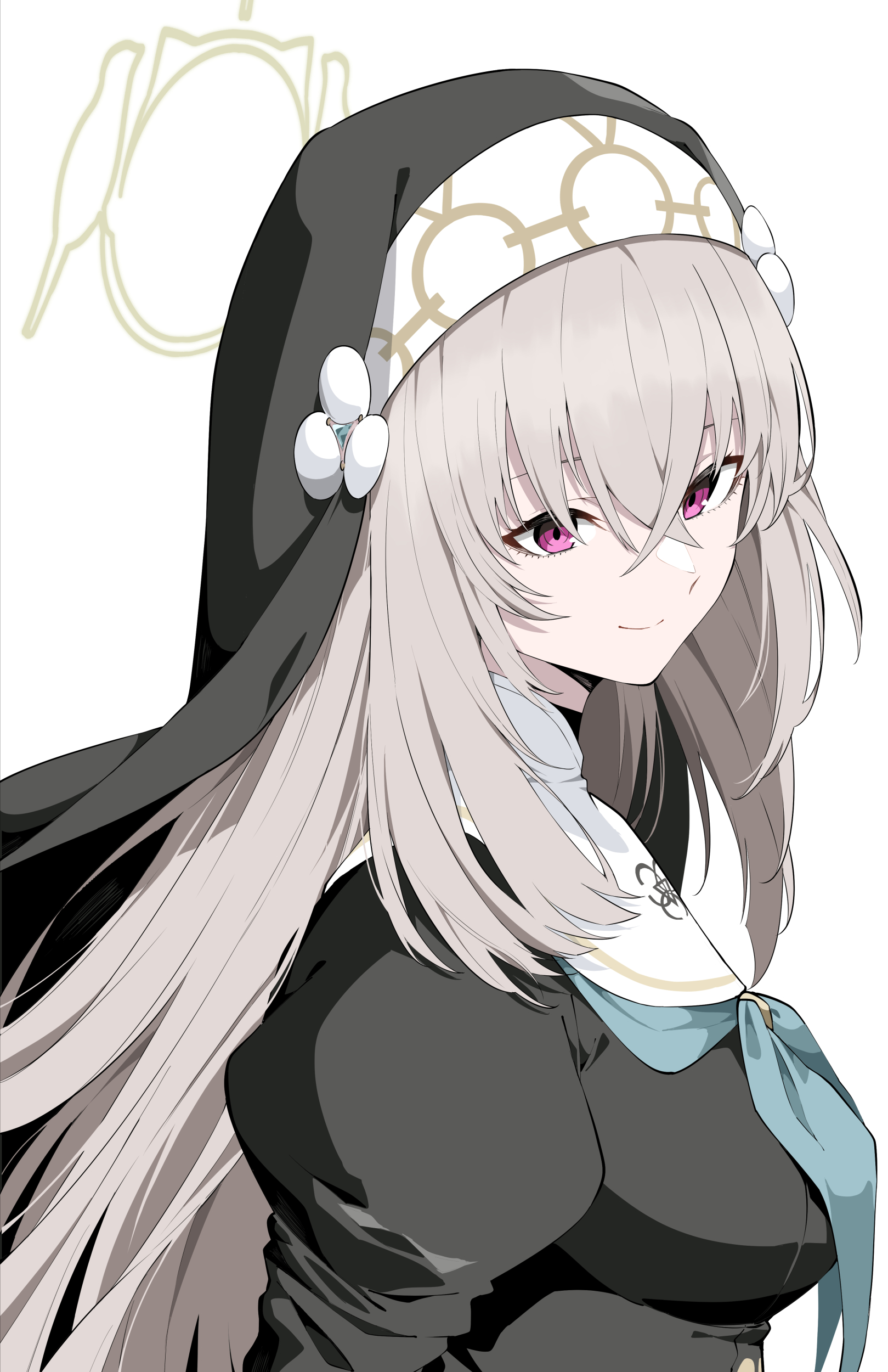 1girl absurdres aqua_neckerchief blue_archive closed_mouth crossed_bangs grey_hair habit halo highres juliet_sleeves long_hair long_sleeves neckerchief nun puffy_sleeves sakurako_(blue_archive) simple_background smile solo tsukamoto_minori upper_body white_background