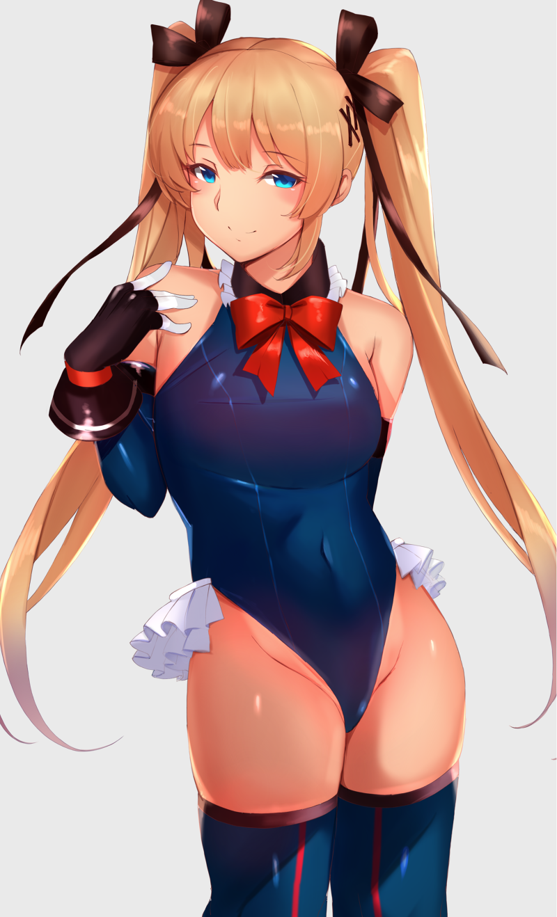 1girl bare_shoulders black_ribbon blonde_hair blue_eyes blue_one-piece_swimsuit blue_sleeves blue_thighhighs blush breasts casual_one-piece_swimsuit covered_navel cowboy_shot dead_or_alive dead_or_alive_5 detached_sleeves frilled_one-piece_swimsuit frilled_thighhighs frills gloves grey_background hair_ornament hair_ribbon highleg highleg_one-piece_swimsuit highres kameponde leotard long_hair looking_at_viewer marie_rose marie_rose_(devilish_servant_against_the_splashing_waves) one-piece_swimsuit ribbon small_breasts solo swimsuit thighhighs twintails x_hair_ornament