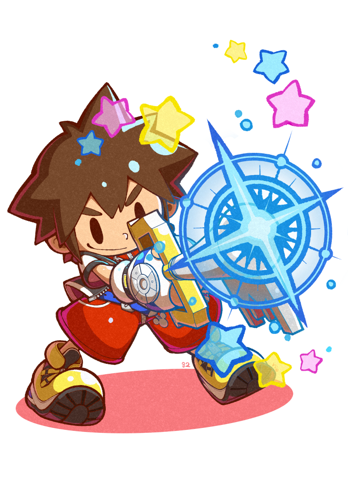 04sora40 1boy black_jacket brown_hair chibi closed_mouth full_body gloves holding holding_weapon jacket keyblade kingdom_hearts male_focus nintendo open_clothes open_jacket pants red_pants shoes short_hair simple_background smile solo sora_(kingdom_hearts) spiked_hair star_(symbol) super_smash_bros. weapon white_background white_gloves yellow_shoes