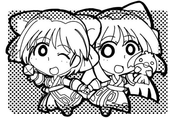 2girls ainu_clothes breasts chibi fingerless_gloves gloves holding_hands konril legs long_hair looking_at_viewer mamahaha monochrome multiple_girls nakoruru one_eye_closed open_mouth pants rimururu samurai_spirits short_hair siblings sisters sketch small_breasts smile snk thighs very_long_hair wink