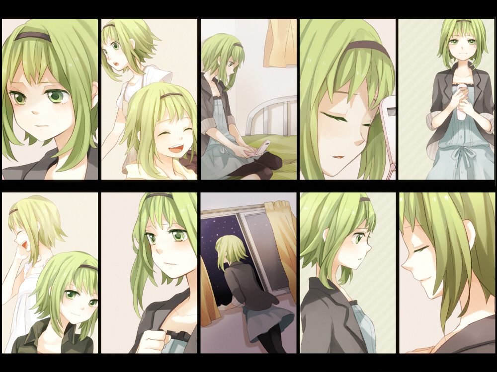 1girl aitai_(vocaloid) bed casual cellphone closed_eyes green_eyes green_hair gumi hairband phone short_hair tama_(songe) vocaloid window