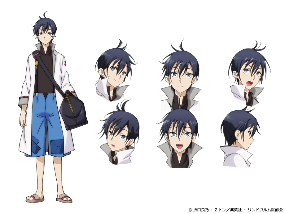 1boy black_shirt blue_eyes blue_hair blue_shorts closed_mouth coat dark_blue_hair expression_chart full_body glenn_litbeit hair_between_eyes looking_at_viewer male_focus monster_musume_no_oisha-san official_art open_mouth sandals shirt short_hair shorts simple_background smile standing white_background white_coat