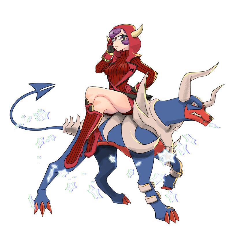 1girl adjusting_eyewear alternate_color boots breasts claws courtney_(pokemon) courtney_(pokemon_oras) crossed_legs dress fake_horns fang full_body gen_2_pokemon glasses half-closed_eyes hand_on_own_hip high_heel_boots high_heels hood horns houndoom inanimate_dan knee_boots legs long_sleeves looking_at_viewer mega_houndoom mega_pokemon nintendo parted_lips pokemon pokemon_(creature) pokemon_oras purple_hair red_eyes red_footwear ribbed_sweater riding riding_pokemon sharp_teeth shiny_pokemon sitting spikes star_(symbol) sweater sweater_dress team_magma teeth thighs transparent_background turtleneck turtleneck_sweater vambraces