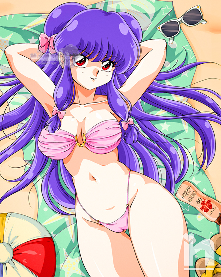 1girl bikini breasts cameltoe cleavage large_breasts long_hair looking_at_viewer lying navel on_back purple_hair ranma_1/2 red_eyes saotome_nanda shampoo_(ranma_1/2) smile solo swimsuit
