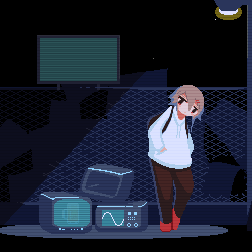 ! 1girl animated animated_gif backpack bag black_bag brown_hair drawstring expressionless hair_ornament hairclip hands_in_pockets hood hood_down hoodie lamppost long_hair looking_at_viewer looping_animation lowres night original oscilloscope pixel_art red_footwear screen short_hair solo sotie standing television v white_hoodie wide_shot