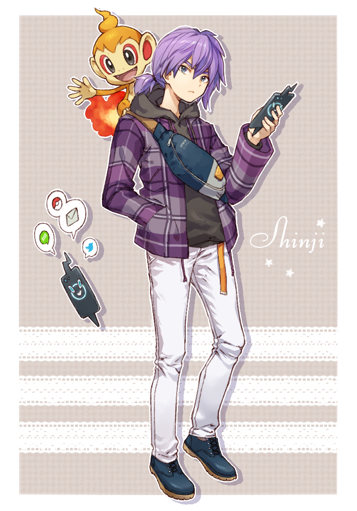 1boy alternate_costume bag black_footwear border character_name chimchar closed_mouth commentary_request emoticon full_body gen_4_pokemon hair_between_eyes hand_in_pocket hand_up holding holding_phone hood hood_down hoodie long_sleeves male_focus medium_hair nintendo pants paul_(pokemon) phone pokemon pokemon_(anime) pokemon_(creature) pokemon_dppt_(anime) pokemon_on_back ponytail purple_hair rotom rotom_phone sasairebun shoes short_ponytail thick_eyebrows twitter_logo white_border white_pants zipper_pull_tab
