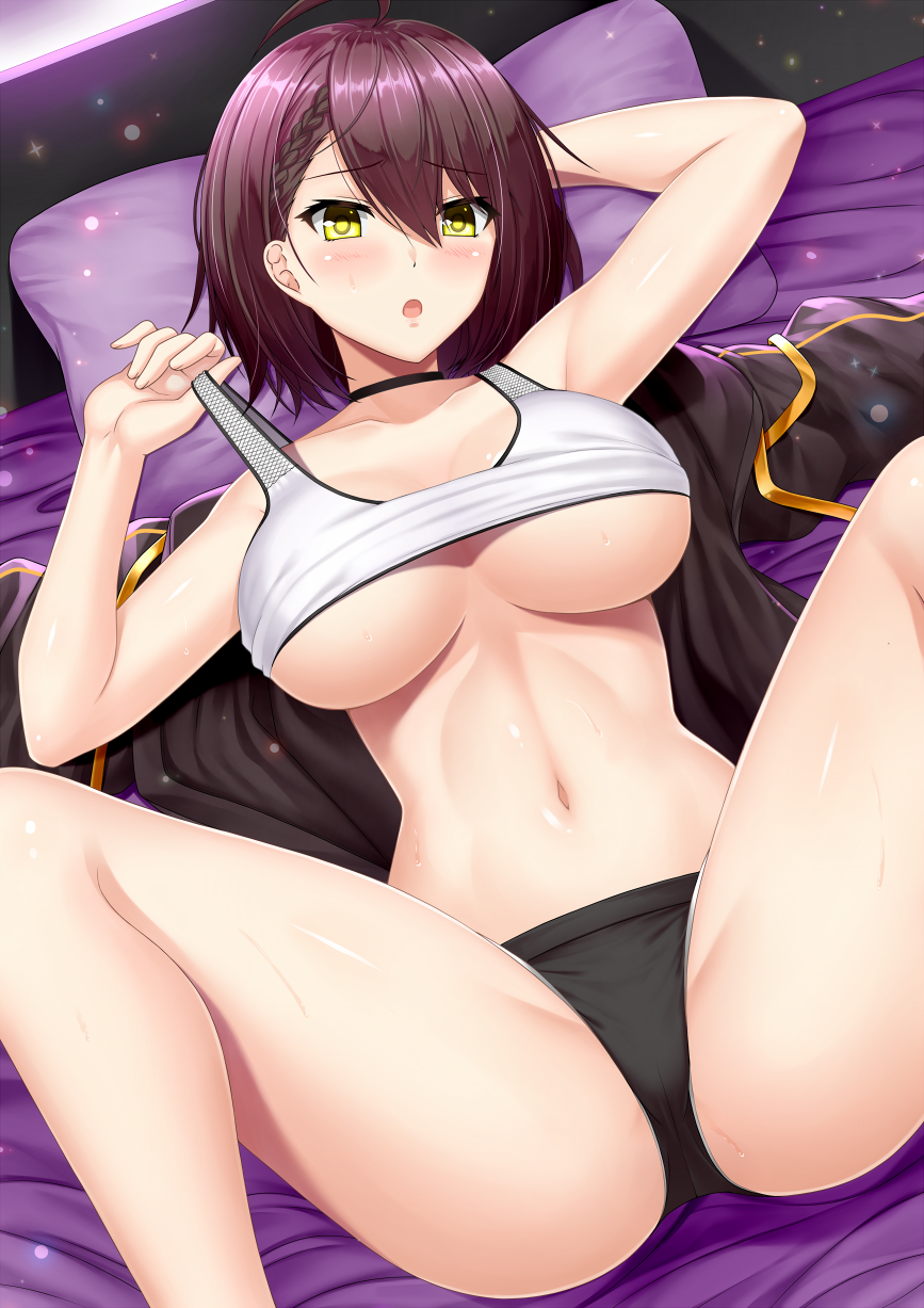 1girl :o ahoge arm_behind_head arm_up azur_lane baltimore_(azur_lane) baltimore_(black_ace)_(azur_lane) bare_shoulders black_jacket black_shorts blush braid breasts brown_hair choker cleavage collarbone commentary_request french_braid hair_between_eyes highres indoors jacket unworn_jacket large_breasts looking_at_viewer lying navel on_back on_bed open_mouth partial_commentary pillow shibata_rai short_hair short_shorts shorts sidelocks solo sports_bra sportswear spread_legs stomach strap_pull sweat tennis_uniform underboob underwear white_sports_bra yellow_eyes