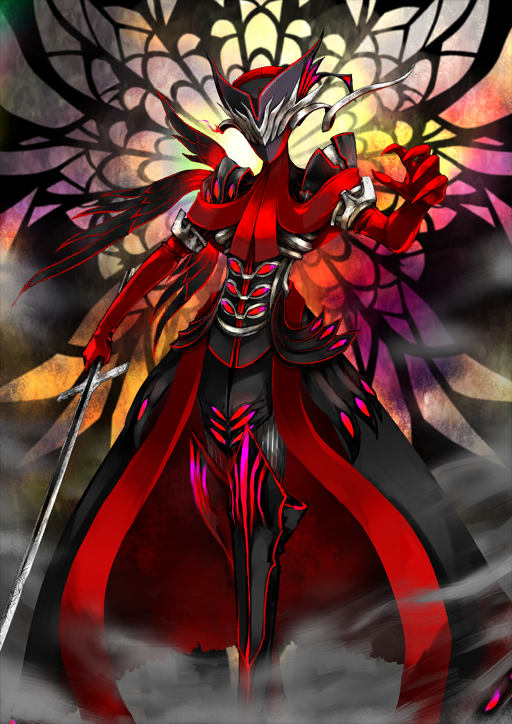 1boy antonio_salieri_(fate) antonio_salieri_(first_ascension)_(fate) black_boots black_coat boots coat covered_face elbow_gloves fate/grand_order fate_(series) feet_out_of_frame fog gloves hand_up holding holding_sword holding_weapon male_focus mask official_art open_mouth pfalz red_gloves solo standing sword thigh_boots third-party_source variant_set weapon