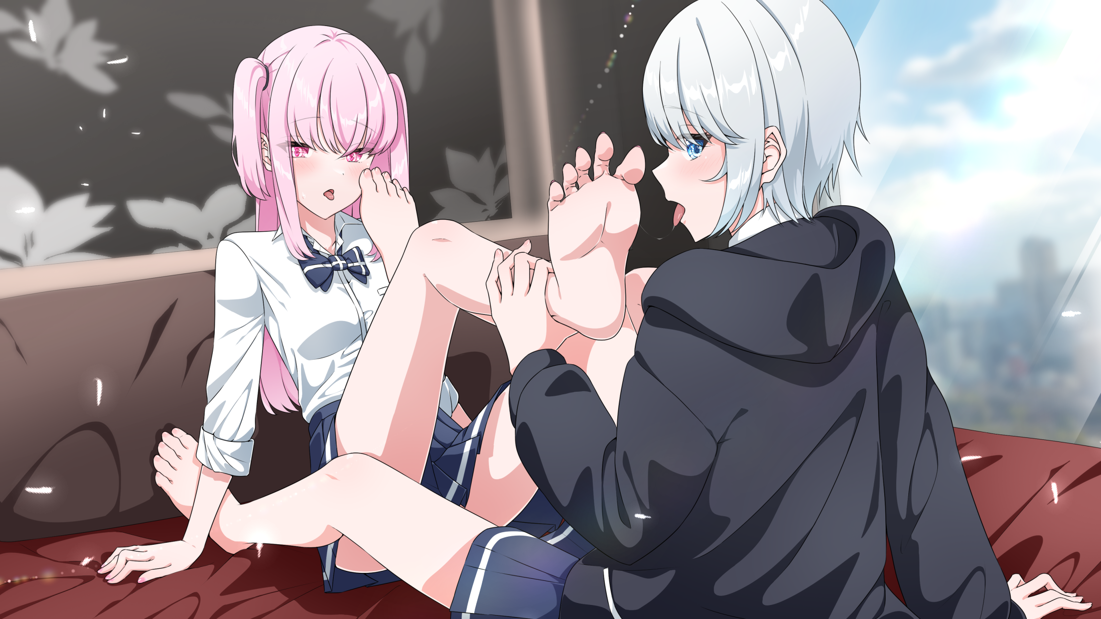 2girls aoba_(godai_01) barefoot bed_frame black_hoodie black_scrunchie blue_bow blue_bowtie blue_eyes blue_skirt bow bowtie breast_pocket character_request cloud cloudy_sky commentary_request drooling feet fingernails floral_print foot_focus godai_01 grey_hair hair_between_eyes hand_on_ankle hand_on_bed hand_on_floor highres holding_another's_foot holding_another's_leg hood hood_down hoodie indoors licking licking_foot light_blush long_hair looking_at_viewer looking_back looking_to_the_side medium_hair multiple_girls nail_polish on_bed open_mouth original pale_skin pink_eyes pink_hair pink_nails pleated_skirt pocket saliva_on_feet school_uniform scrunchie shiny_skin shirt skirt sky soles split_ends spread_toes straight_hair striped_clothes striped_skirt toenail_polish toenails toes tongue tongue_out twintails white_shirt wiggling_toes window yurimutual_foot_licking