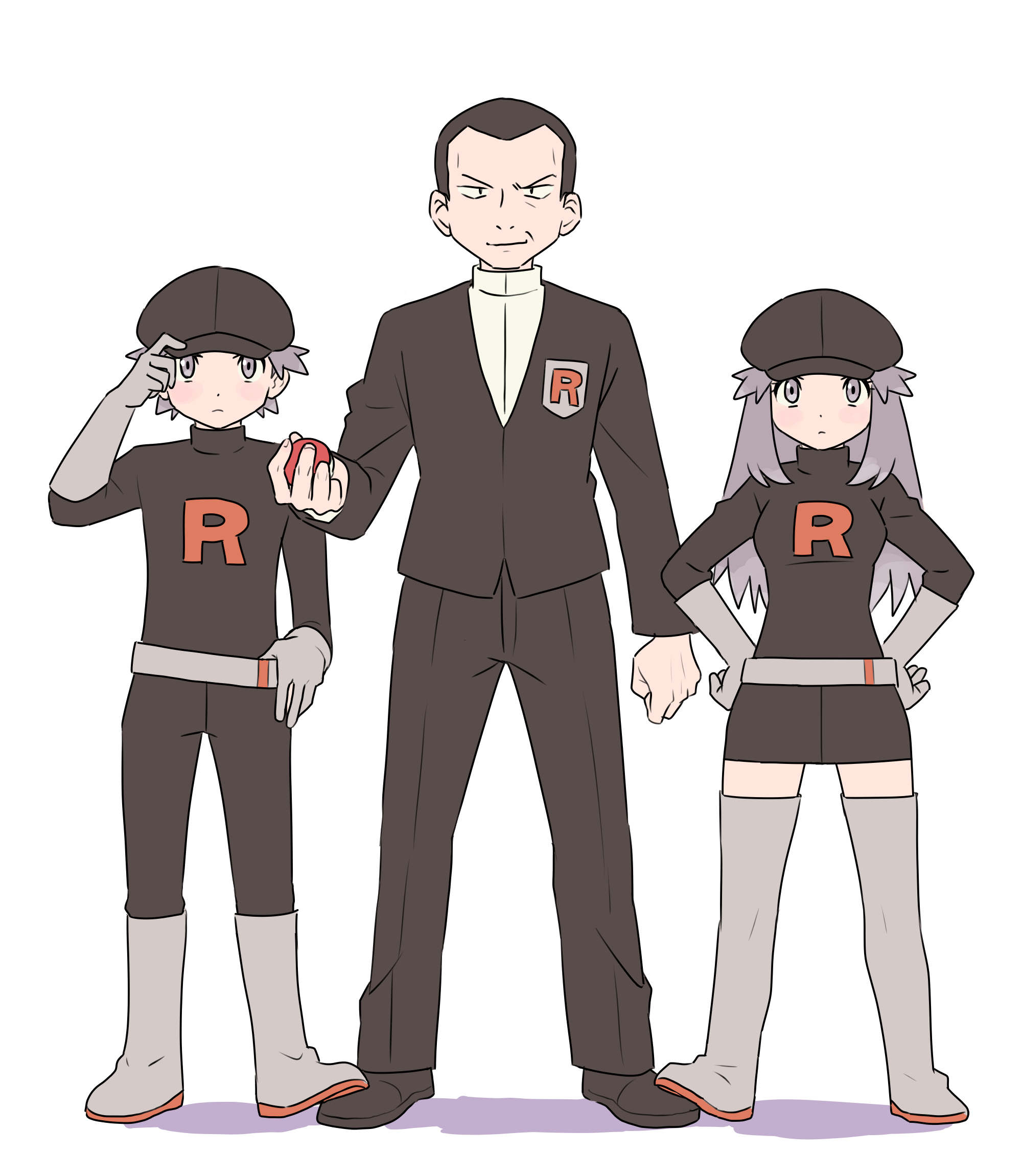 1girl 2boys cosplay giovanni_(pokemon) highres leaf_(pokemon) multiple_boys nintendo pokemon pokemon_frlg pumpkinpan red_(pokemon) red_(pokemon_frlg) team_rocket team_rocket_grunt_(cosplay) team_rocket_uniform