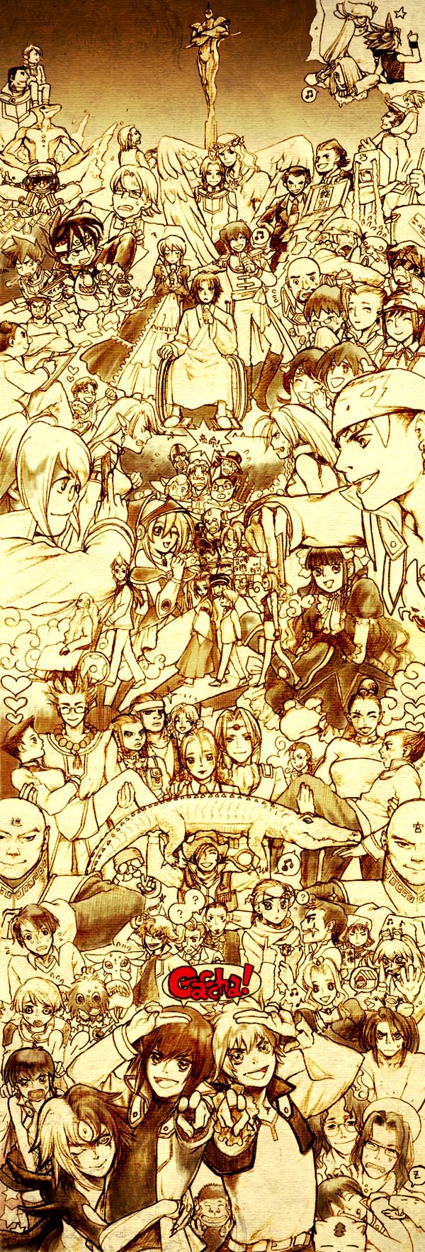 6+boys 6+girls absolutely_everyone alice_(yu-gi-oh!) alligator brother_and_sister brothers brown_theme camula card cat crocodilian crystal_beast_ruby_carbuncle dark_magician_girl duel_monster edo_phoenix elemental_hero_neos everyone father_and_son formal_clothes fujiwara_yuusuke highres holding holding_card honest_(yu-gi-oh!) jim_crocodile_cook jinzo_(yu-gi-oh!) johan_andersen kaibaman karen_(yuu_gi_ou) kodu_(dukkoudu) limited_palette long_image manjoume_jun marufuji_ryo misawa_daichi mother_and_son multiple_boys multiple_girls muto_yugi neo-spacian_aqua_dolphin obelisk_blue_uniform ojama_black ojama_green ojama_yellow old old_man osiris_red_uniform pharaoh_(cat) pointy_ears ra_yellow_uniform saotome_rei school_uniform siblings speech_bubble suit tall_image tania_(yu-gi-oh!) tenjouin_asuka tenjouin_fubuki tyranno_kenzan winged_kuriboh wings yami_yugi yu-gi-oh! yu-gi-oh!_duel_monsters yu-gi-oh!_gx yubel yuki_judai