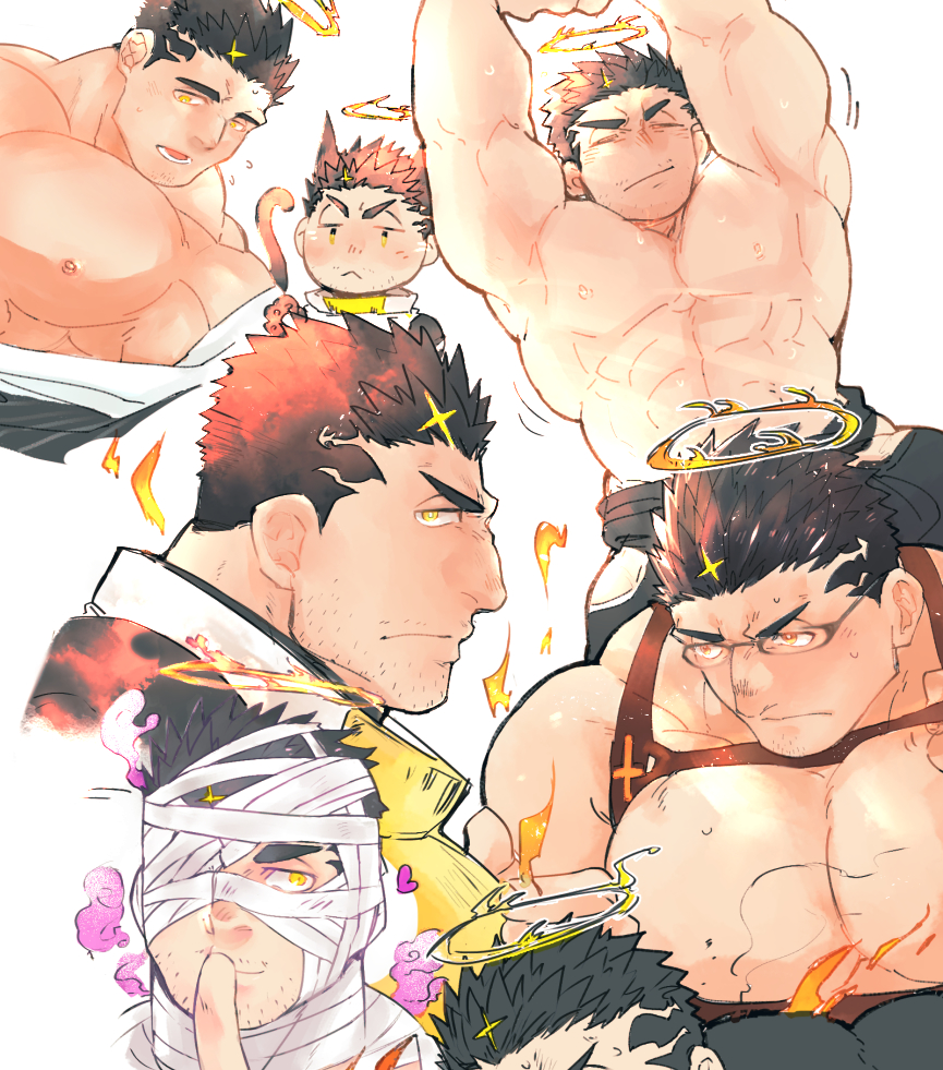 1boy abs bad_id bad_pixiv_id bandage_over_one_eye bandages bara bare_pectorals blush bodysuit bulge chest_harness chibi chibi_inset clothes_around_waist collage facial_hair glasses halloween_costume halo harness hip_vent large_pectorals male_focus mature_male multiple_views mummy_costume muscular muscular_male naked_bandage nipples official_alternate_costume open_bodysuit open_clothes pectorals po_fu short_hair sideburns stomach stretching stubble tokyo_houkago_summoners topless_male yellow_eyes zabaniyya_(fashionista_swimsuit)_(housamo) zabaniyya_(halloween)_(housamo) zabaniyya_(housamo)