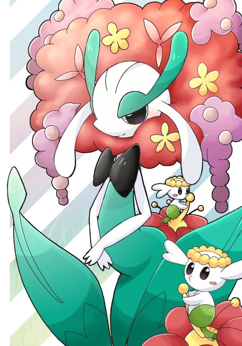 1girl big_hair black_bow black_bowtie black_eyes blush blush_stickers bow bowtie closed_mouth colored_skin female_focus flabebe flabebe_(yellow_flower) flat_chest florges florges_(red_flower) flower gen_6_pokemon green_skin hair_flower hair_ornament half-closed_eyes happy highres jpeg_artifacts looking_at_viewer monster_girl multicolored_hair multicolored_skin nintendo own_hands_together pink_hair plant_girl pokemon pokemon_(creature) purple_eyes red_flower red_hair smile split_mouth striped_background suzu_(pixiv_32232702) two-tone_hair two-tone_skin white_skin yellow_flower