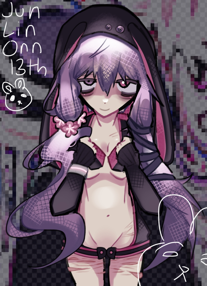 1girl abstract_background animal_hood bags_under_eyes black_hoodie closed_mouth doodle_inset english_text hair_between_eyes hands_on_own_chest hood hoodie looking_at_viewer misri naked_hoodie purple_eyes purple_hair rabbit rabbit_hood scar scar_on_leg self-harm_scar solo twintails vocaloid yuzuki_yukari yuzuki_yukari_(vocaloid4)