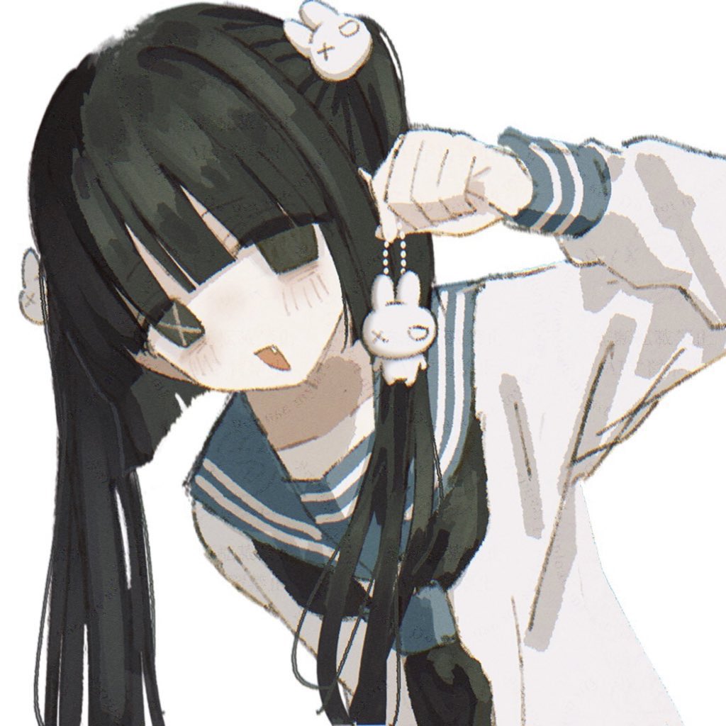 1girl :d arm_behind_back black_eyes black_hair blue_sailor_collar blush charm_(object) fang hair_ornament hand_up holding holding_charm leaning_to_the_side long_hair long_sleeves looking_at_viewer m_emu_xo open_mouth original rabbit_hair_ornament sailor_collar school_uniform shirt simple_background smile solo twintails upper_body white_background white_shirt
