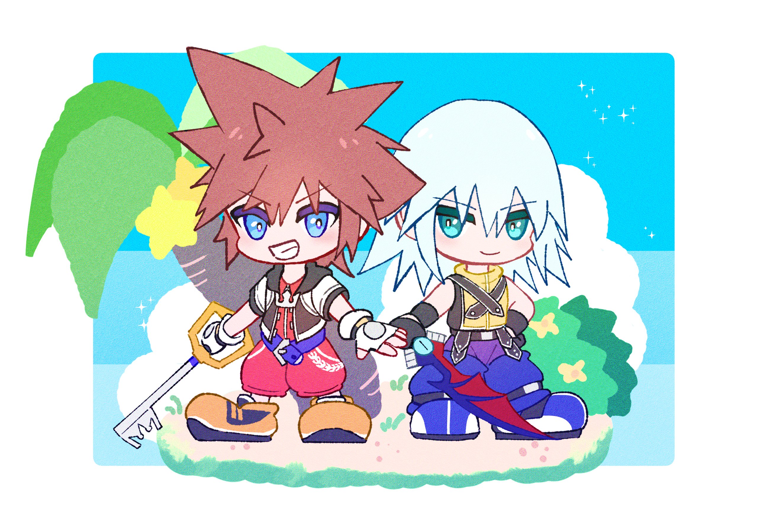 2boys aqua_eyes belt black_belt black_gloves black_jacket blue_belt blue_eyes blue_shoes blue_sky brown_hair bush chibi chibi_only commentary day elbow_gloves fingerless_gloves flower food fruit full_body gloves grass grey_hair grin happy highres holding holding_weapon jacket jumpsuit keyblade kingdom_hearts kingdom_hearts_i looking_at_viewer male_focus medium_hair multiple_boys open_clothes open_jacket outdoors palm_tree pants paopu_fruit purple_pants red_jumpsuit riku_(kingdom_hearts) shoes short_hair short_sleeves sky smile sora_(kingdom_hearts) sparkle spiked_hair squidkid528 star_(symbol) symbol-only_commentary tree vest weapon white_gloves yellow_flower yellow_shoes yellow_vest