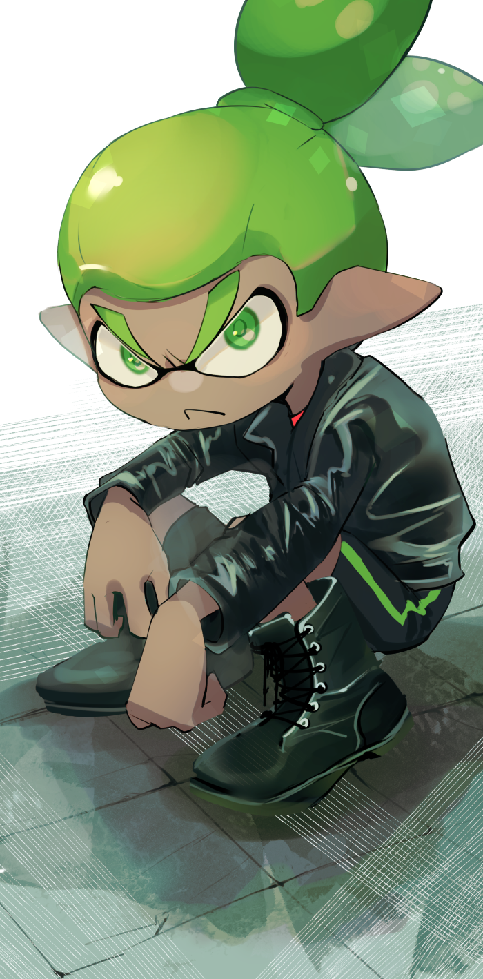 1boy :&lt; black_boots black_jacket black_shorts boots closed_mouth dark-skinned_male dark_skin green_eyes green_hair highres inkling jacket koike3582 lace-up_boots leather leather_jacket long_sleeves nintendo pointy_ears ponytail rider-kun_(splatoon) short_hair shorts single_vertical_stripe solo splatoon_(manga) splatoon_(series) squatting tentacle_hair v-shaped_eyebrows