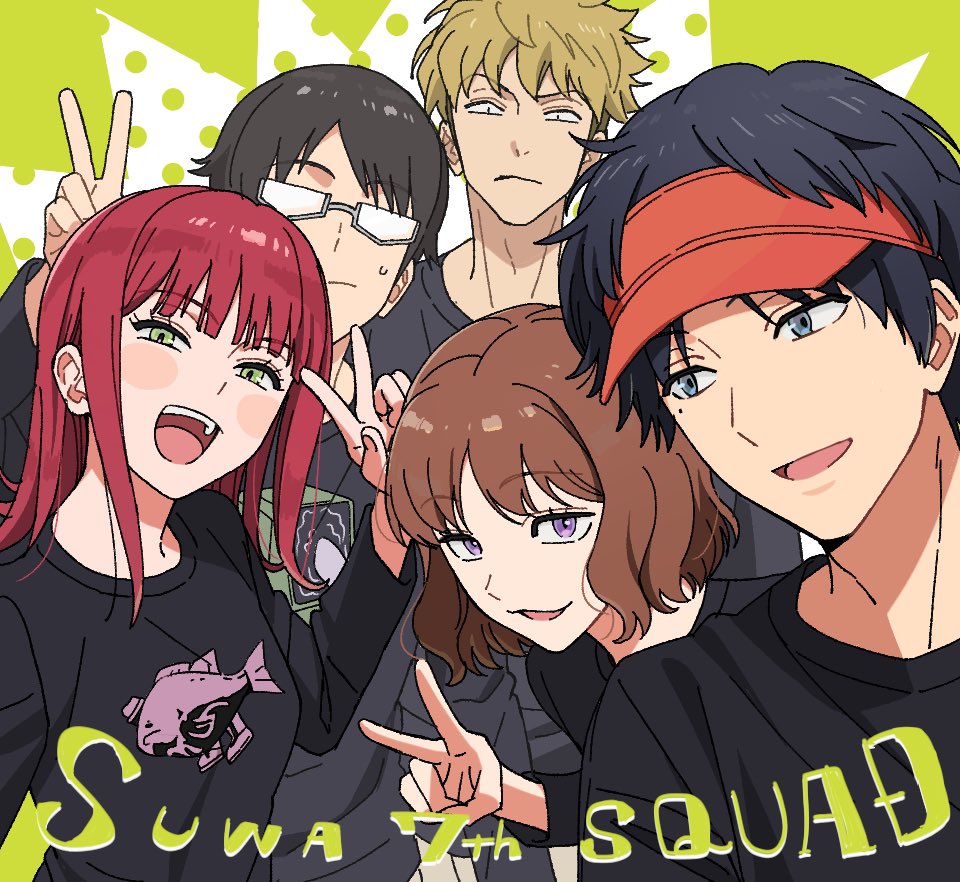 2girls 3boys :d black_hair black_shirt blonde_hair blue_eyes brown_hair english_text glasses green_background green_eyes hand_up hat katori_youko long_sleeves looking_at_viewer medium_hair mikumo_osamu mole mole_under_eye multiple_boys multiple_girls nocchan_chicchi oki_kouji open_mouth purple_eyes red_hair red_hat shirt short_hair smile suwa_koutarou sweatdrop ui_madoka upper_body v visor_cap world_trigger