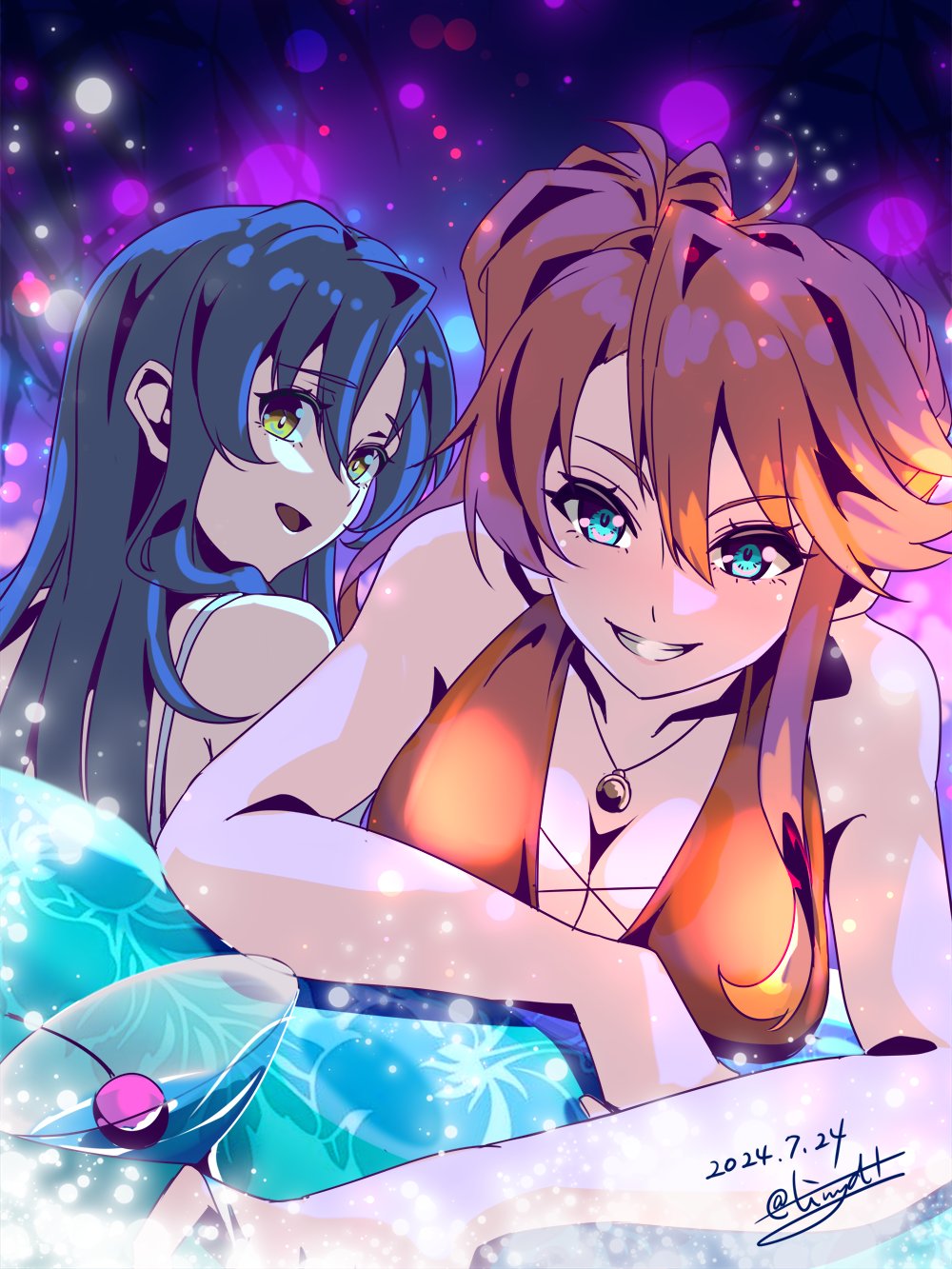 2girls ahoge bikini black_hair blue_eyes breasts cherry cocktail_glass cup dated drinking_glass eiyuu_densetsu falcom food fruit grin hair_between_eyes hair_bun highres jewelry judith_lanster kuro_no_kiseki kuro_no_kiseki_(series) kuro_no_kiseki_i kuro_no_kiseki_ii large_breasts long_hair looking_at_viewer multiple_girls nina_fenly parted_bangs pendant red_hair sidelocks signature smile swimsuit tinybiard twitter_username yellow_eyes
