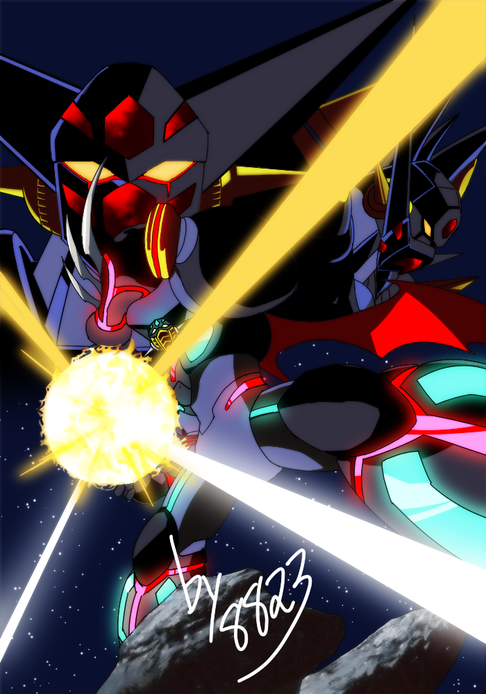 arm_blade cpwm3723 energy_ball energy_orb getter_noir_g getter_noir_unit_1 getter_robo getter_robo_arc glowing glowing_lines holding horns ishikawa_ken_(style) looking_at_viewer mask mecha mecha_focus multiple_faces no_humans robot shin_getter_tarak spikes stoner_sunshine super_robot super_robot_wars super_robot_wars_dd weapon wings yellow_eyes