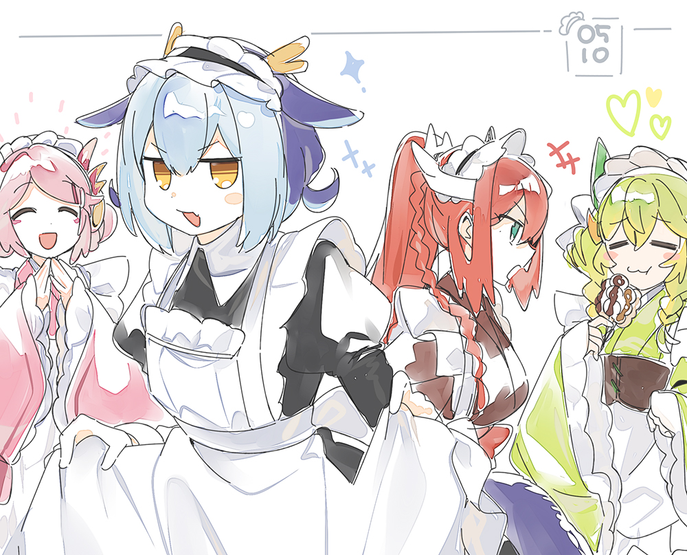 3_ma_me 4girls alternate_costume apron blue_eyes blue_hair blush braid breasts closed_mouth clothes_lift dango dated dragon_girl dragon_horns dragon_tail dress dress_lift duel_monster eating food frilled_apron frilled_dress frilled_hairband frills green_hair green_kimono hair_between_eyes hair_ornament hairband horns japanese_clothes kimono kitchen_dragonmaid laundry_dragonmaid lifting_own_clothes long_hair long_sleeves looking_at_another looking_at_viewer maid maid_apron maid_day maid_headdress medium_breasts mixed_maids multiple_girls nurse_dragonmaid open_mouth orange_eyes parlor_dragonmaid pink_hair pink_kimono puffy_long_sleeves puffy_sleeves red_hair red_kimono short_twintails side_braid simple_background smile tail twin_braids twintails wa_maid wagashi white_apron white_background wide_sleeves yu-gi-oh!