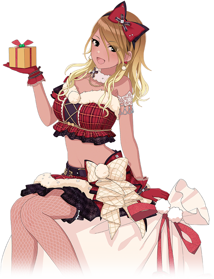 1girl armlet bag belt black_eyes blonde_hair bow box brown_hair dark-skinned_female dark_skin earrings fishnets fur_trim gift gift_box gloves hairband holding idolmaster idolmaster_shiny_colors idolmaster_shiny_colors_song_for_prism izumi_mei jewelry multicolored_hair navel official_art open_mouth sitting skirt solo transparent_background
