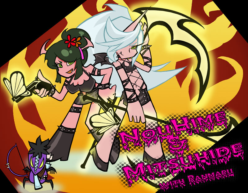 2girls akechi_mitsuhide_(sengoku_basara) mori_ranmaru multiple_girls navel nouhime nouhime_(sengoku_basara) panty_&amp;_stocking_with_garterbelt parody sengoku_basara style_parody