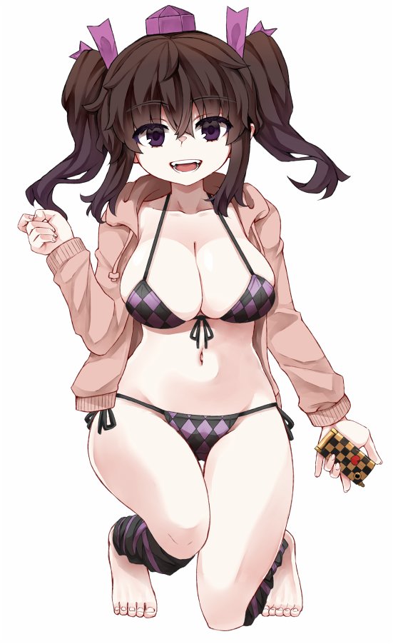 1girl :d barefoot bikini black_bikini breasts cellphone checkered_bikini checkered_clothes cleavage collarbone commentary_request commission flip_phone full_body hair_between_eyes hair_ribbon hat himekaidou_hatate holding holding_phone jacket kneeling large_breasts leg_warmers long_sleeves looking_at_viewer multi-source_commentary open_clothes open_jacket open_mouth phone pink_jacket purple_eyes purple_hair purple_ribbon ribbon side-tie_bikini_bottom simple_background skeb_commission smile solo swimsuit tokin_hat touhou twintails white_background zetsumame