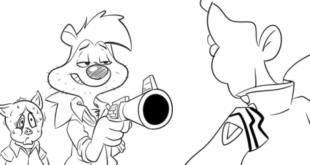 cosplay derivative_work granny_(looney_tunes) grin gun holding holding_gun holding_weapon ikari_shinji ikari_shinji_(cosplay) kaji_ryouji kaji_ryouji_(cosplay) katsuragi_misato katsuragi_misato_(cosplay) looney_tunes neon_genesis_evangelion parody pepe_le_pew porky_pig screenshot_redraw sketch smile traditional_media weapon